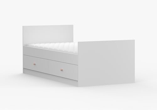 Fabryka Mebli Idźczak Jugendbett, Kinderbett 90x200 cm - Kinderzimmer Bett ‎weiß Olaf I mit 2 Schubladen - Bett für Kinder - Einzelbett für Jugendzimmer - Griff Rosa