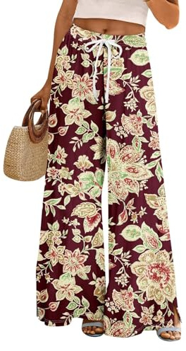 Uwdiohq Pantalon Fluide Femme été Pantalons Bohême Taille Haute Elastique Jambe Large Ample Léger Imprimé Pantalon Décontractée Longueur Pants Chic et Elegant avec Poches