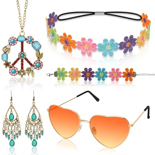 Alintor Hippie Accessoires für Schlagermove Outfit Damen, 5 Stück Hippie Kostüm Damen Accessoires, Flower Power Zubehör für 70er Jahre Bekleidung, Peace Kette, Brille