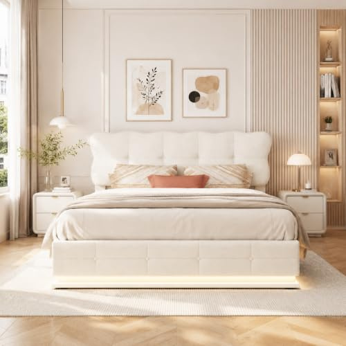 JiaOyu Polsterbett 160x200 cm, LED Bett mit Stauraum & Lattenrost, Doppelbett mit Gepolstertem Kopfteil, Seniorenbett Jugendbett Mädchen Bett, Hydraulisch Stauraumbett, Samt, Beige (Beige, 160X200CM)