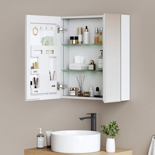 EMKE Bathroom Mirror Cabinet 600×650×145 mm, Aluminium Bathroom Cabinet with Mirror, White Matte, Door with Extra Storage, 2 Adjustable Glass Shelves, Pre-assembled, Wall-Mounted