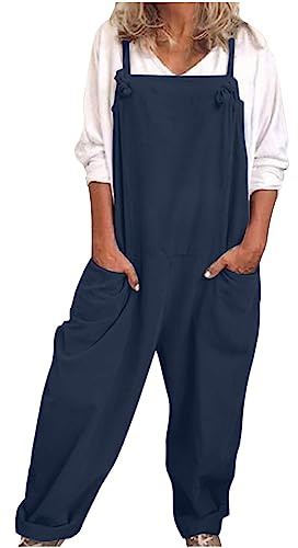 VPQILH Womens Cotton Linen Dungarees Ladies Sleeveless Jumpsuit Adjustable Straps Romper Solid Color Bib Overalls Loose Fit Bodysuit with Pockets Playsuit Summer Jumpsuits Size S-5XL