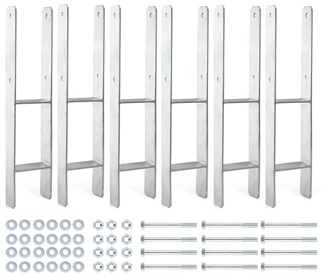 XPOtool Pfostenträger feuerverzinkt 6 Stück 91 x 600 mm, H-Anker aus Carbonstahl, Pfostenanker mit Bohrlöchern M10 x 110, Pfostenschuh mit 2 Verstrebungen