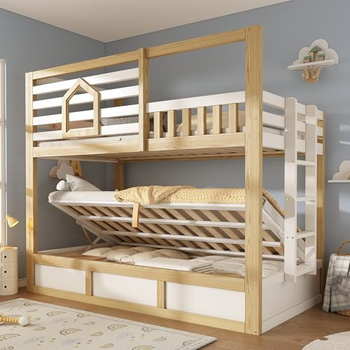 Wyibwy Letto a castello per bambini 90x200 cm, letto contenitore, stile cabina, naturale con finestra, sponda di sicurezza, scaletta dritta, EN747 (senza materasso), bianco/legno