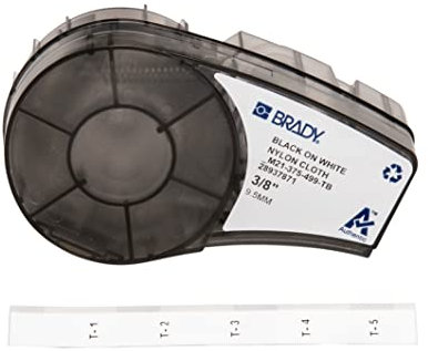 Brady Nylongewebe-Etikettenband für Etikettendrucker M211 & M210 - Selbstklebendes Nylon Beschriftungsband - Wasserfeste Etiketten Klemmenleisten - Schwarz auf Weiß (9.53mm x 4.88m) - M21-375-499-TB