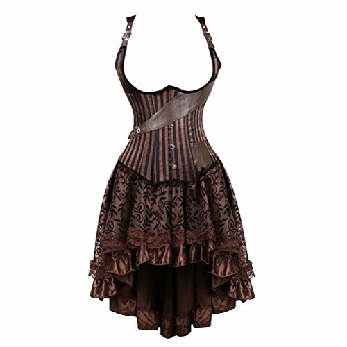 Jutrisujo Corsagenkleid steampunk unterbrust leder corsage korsett Kleid piraten rock burlesque halloween Braun 2XL