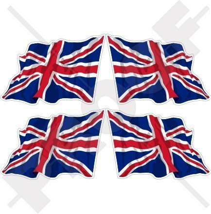 BRITISCHE UNION JACK Wehende Fahne Großbritannien, UK 50mm Auto & Motorrad Aufkleber, x4 Vinyl Stickers
