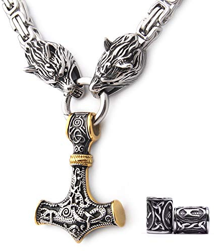 GUNGNEER Thor's Hammer Pendant Mixed Gold Color Viking Mjolnir Necklace for Men with Wolf Head Square Chain, 316L Stainless Steel Bonus 2 Rune Beads