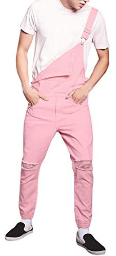 Salopette Homme Dechire Grande Taille Vintage Skinny De Travail Salopette Jeans Pas Cher Pantalon en Denim Slim Jumpsuit Streetwear (XL, Rose)