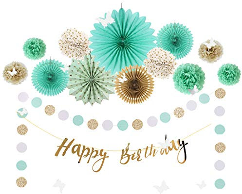 Easy Joy Mintgrün Geburtstag Deko,Gold Happy Birthday Girlande,Mint Pompon Seidenpapier,Dots Papier Girlande für Babyparty,konfirmation,kommunion,Mädchen Frauen