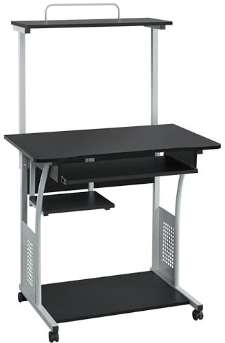 Yaheetech 2 Tier Rolling Computer Desk w/Keyboard Tray and Printer Shelf Stand Study Table Corner Desk for Small Space Black
