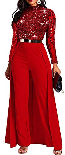 VERWIN Damen-Overall, Patchwork-Overlay, Pailletten, verziert, hohe Taille, Langarm, Rot, Medium
