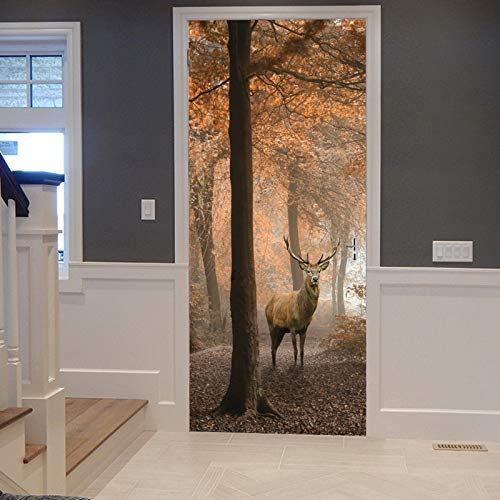 A.Monamour Türtapete Selbstklebend Türfolie Türposter 3D Hirsch In Der Naturlandschaft Roten Nebligen Herbst Waldes Bunte Bäume Vinyl Folie Türdeko Tapete Wandbild Türaufkleber Türtattoo 90 x 200 cm