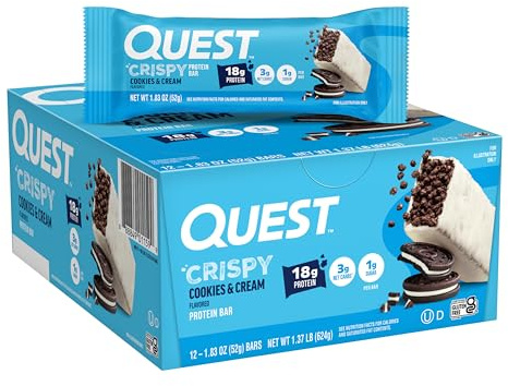 Quest Nutrition Crispy Cookies & Cream Hero Protein Bar, 18g Protein, 1g Sugar, 3g Net Carb, Gluten Free, Protein Snack, Keto Friendly, 12 Count