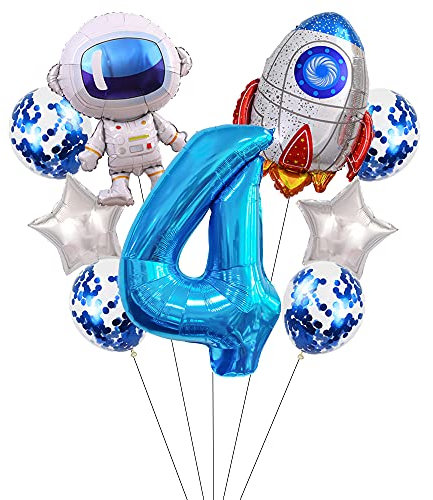 Liitata Weltraum Set 4. Kinder Geburtstag Deko Zahl 4 Folienballon Blau Großes Astronaut Raketen Luftballon Stern Ballon Konfetti für Junge Party Motto Deko