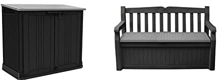 Keter Store it Out Nova Outdoor Garden Storage Shed, 32 x 71.5 x 113.5 cm, Dark Grey with Light Grey Lid & Eden Bench Outdoor Storage Box Garden Furniture, Graphite and Grey, 132.5L x 75W x 18.5H cm