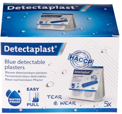 Detectaplast Pflasterspender Nachfüllset, 5 er Set Refill Packungen mit je 40 blauen und wasserfest Pflastern, 200 Wundpflaster für den Umgang mit Lebensmitteln,