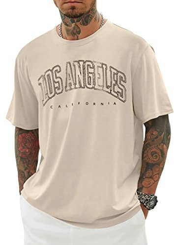 Minetom Oversized Tshirt Herren Rundhals Kurzarm Lose Sommer Oberteile Mode T-Shirt mit Los Angeles Grafik Kreativen Buchstaben Vintage Drucken Streetwear Sport Casual Lang Tops A Aprikose XL