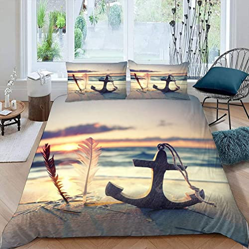 RFFLUX 3D Anker Bettwäsche Set 135x200 cm 2teilig mit Reißverschluss Weiche und Angenehme Schlafkomfort Microfaser Bettbezug Sonnenuntergang Strand Kinderbettwäsche mit Kissenbezug 80x80 cm