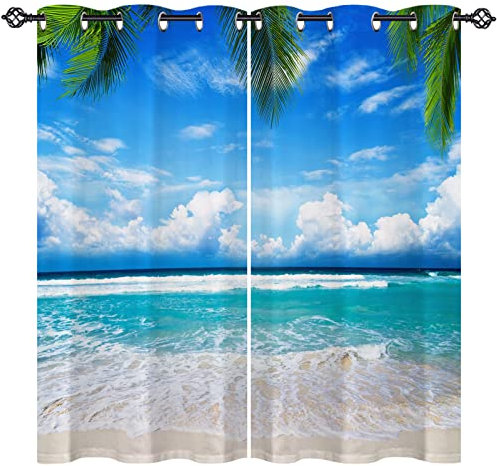 ANHOPE Tropisch Ozean Strand Palmen Blickdichte Gardinen mit Ösen Thermo Vorhänge Weich Vorhang Blackout Curtain Wohnzimmer Schlafzimmer Verdunklungsvorhänge 2er Set H 138 x B 117 cm