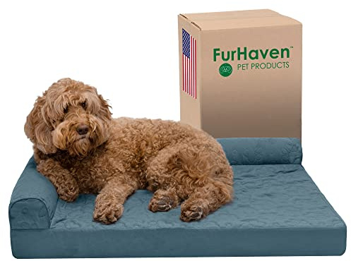 Furhaven Large Orthopedic Dog Bed Pinsonic Quilted Paw L Shaped Chaise w/Removable Washable Cover - Bluestone, Large
