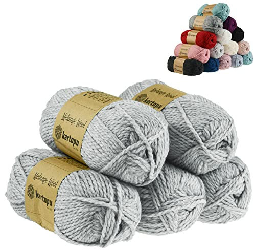 5 x 100g Strickgarn Kartopu Melange Wool Strick-Wolle Garn Häkelgarn Wolle Farbwahl, Farbe:K1000 silbergrau