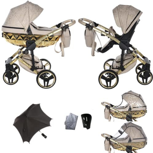 Junama Diamond Heart V3 2in1 3in1 4in1 Kinderwagen Kinderwagen Autositz ISOFIX + Regenschirm Exclusive Kinderwagen (2in1, Beige-Gold 07)