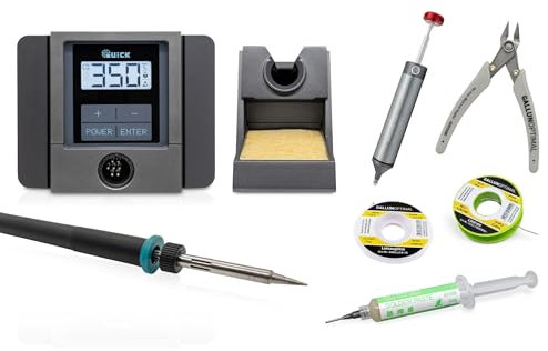 QUICK TS1100 digital regelbare Lötstation ESD 70-90 Watt 200-450°C professionell sensorgeregelt SMD Lötstation kalibrierbar mit 3 Fest-Temperatur-Speichern 0,5mm Lötspitze und 5 teiligem Zubehör-Set
