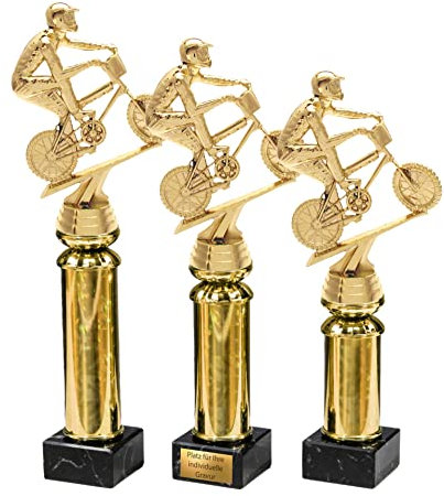 eberin – Pokal Trophäe Award BMX Racing in 3 Größen – BMX-Fahrrad mit Fahrer auf Goldsäule/Marmor schwarz – Gravur/Wunschtext möglich