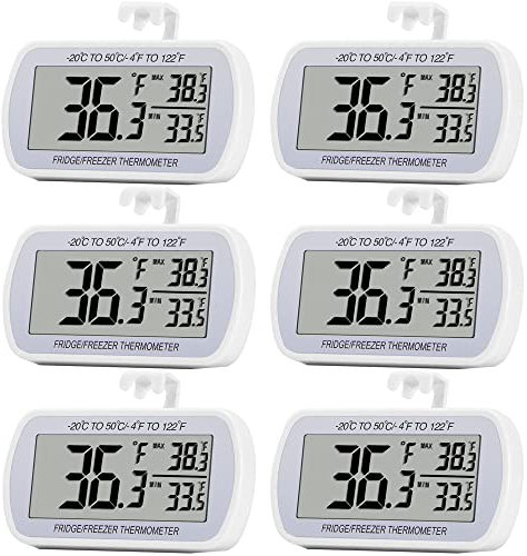 Paquete de 6 termómetros digitales para refrigerador, congelador, impermeable, pantalla LCD grande, función de grabación máximo/mínimo, color blanco
