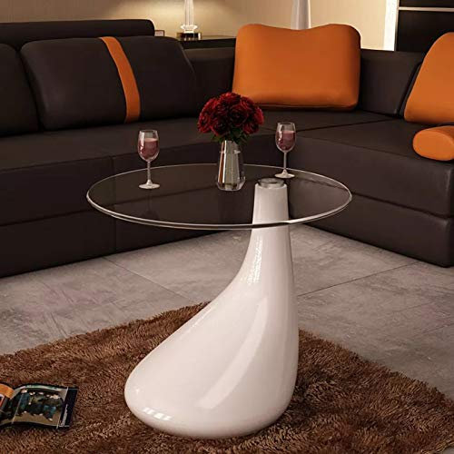 SHUJING Beistelltisch mit runder Glasplatte, Tabletttisch, Blumenhocker, Nachttisch, Couchtisch, Wohnzimmer, Nightstand, Hochglanz Weiß