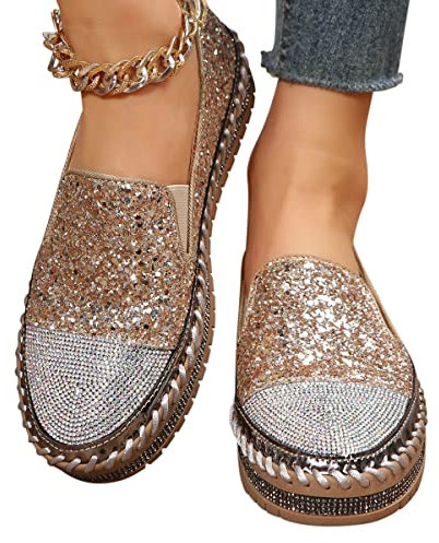 Minetom Damen Pailletten Canvas Slip-On Sneakers Weiche Wanderschuhe Flache Strass Glitzer Loafer Mit Gummisohle Freizeitschuhe A Gold 38 EU