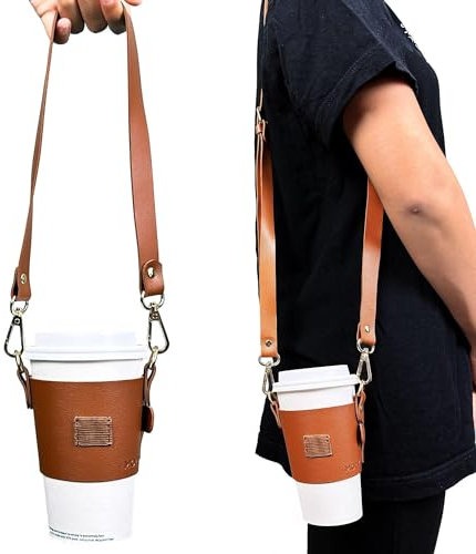 MORIK Drink Carrier with Adjustable Shoulder Strap and Hand Strap for Drinks Under 30 Oz - Coffee Cup Holder, Drink Caddy for Yeti and Stanley Tumblers, Boba Drink Holder (2nd Generation) (Brown)