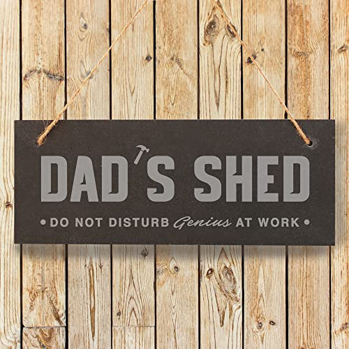 eBuyGB Dad's Shed Sign, Hanging Rectangle Slate Door Sign, 25x10cm Laser Engraved Do Not Disturb Genius At Work Plaque for Dad, Grey