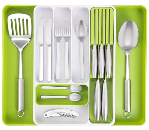 nuovva Cutlery Drawer Organiser – Adjustable Utensil Tray for Drawers – Expandable Cutlery Set Holder – Compact Drawer Divider for Knives, Forks and Spoons – White & Lime Green