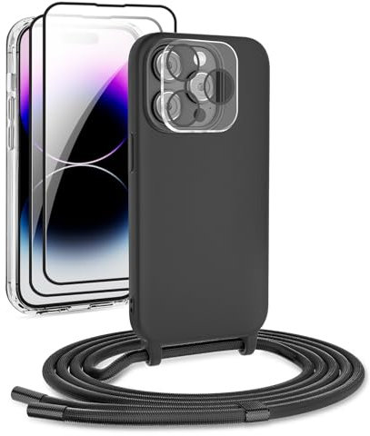 DiDaDi Handykette kompatibel mit iPhone 14 Pro Hülle,Handyband Necklace Hülle mit Band Handyhülle für zum Umhängen Silikon Case mit Schnur Schutzfolie und Kameraschutz in Schwarz