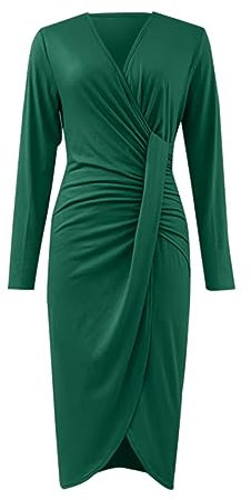 Kleid Damen Festlich V-Ausschnitt Und Taille Schmales Langarmkleid Einfarbig V-Ausschnitt Glitz Cocktailkleid Knoten Abendkleid Elegant Langarm Winter Mit Hohem Schlitz (Grün,XL)