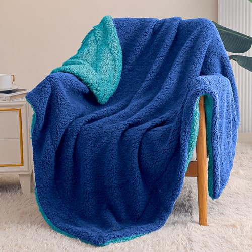 Exclusivo Mezcla Reversible Sherpa Fleece Throw Blanket for Couch, Thick and Warm Blankets for Winter, Soft Plush Fluffy, 127x152 CM, Navy/Blue