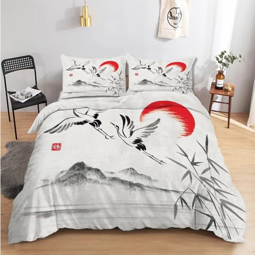 Housse de Couette 220x240 Japonais Bambou Parure de Lit Adulte Réversible avec Fermeture Éclair - Housse Couette 2 Personnes Imprimée en Microfibre et 2 Taie d'oreiller 65x65 cm