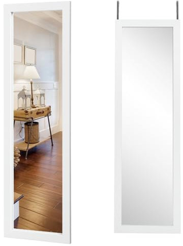 Multigot Full Length Mirror, Modern Over the Door Mirror with Height Adjustable Hooks, Rectangular Makeup Long Hanging Mirrors for Bedroom Entryway Wardrobe(White)
