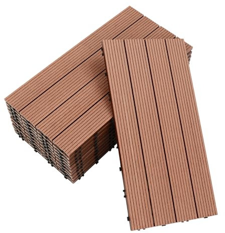 11 Stück Holzfliesen Bodenfliesen Bodenbelag Terrassenbodenfliesen WPC Terrassenfliesen Terrassendielen Holz-Optik 30x60 cm Für Garten Terrasse Balkon Mahagoni