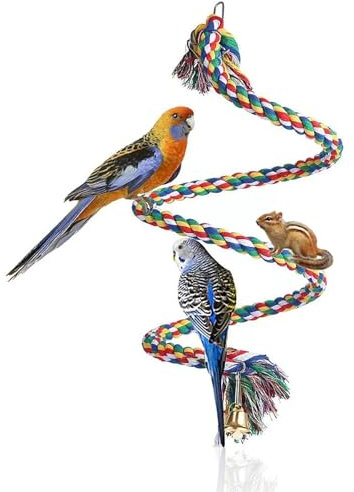 Parrot Perch, Spiral Colorful Budgie Toys Cotton Rope Cockatiel Toy Bird Swing Birdcage Perches Chewing Standing Hanging Perch with Bell (100CM)