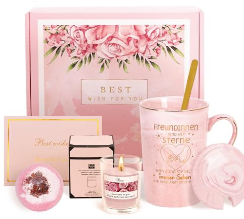 Joymaking Kaffeetasse Geschenk Set für Freundinnen Geschenkidee Freundschaft Geschenk für Freundin Bff Geburtstag Weihnachten Geschenk Tasse Duftkerze Badebomben - Freundinnen sind wie Sterne, Rosa