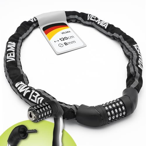 VELMIA Fahrradschloss mit programmierbarem Zahlenschloss und Reflektor Streifen für extra Sichtbarkeit I Kettenschloss aus gehärtetem Edelstahl I fahrradschloss zahlenschloss, bike lock, schloss