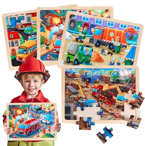 Bodenpuzzle ab 3 4 5 6, 4 Set Holz Puzzle 24 Teile Kinder, Kinderspiele ab 4 5 Jahre Baufahrzeug Fahrzeugen Urban Transport Kinderpuzzle, Spielzeug für Jungen und Mädchen mit Geschenkbox