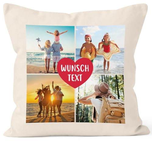 SpecialMe® Kissen-Bezug mit Foto-Collage 4 eigene Bilder und Wunschtext persönliche Geschenkidee personalisierbar Baumwolle Natur Standard
