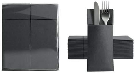 Aroba 50 Soft Point Besteckservietten weiches Material, Volumen & Struktur | fertig gefaltete Servietten mit Schlitz | 32x38 cm 1/8 Falz Bestecktasche |gute Qualität Schwarz