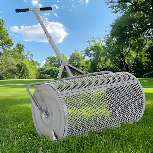 FAHKNS Épandeur de Compost pour pelouse et Jardin, Rouleau en métal de 68,6 cm avec poignée réglable, épandeur d'engrais Robuste pour travaux de Cour, Gris