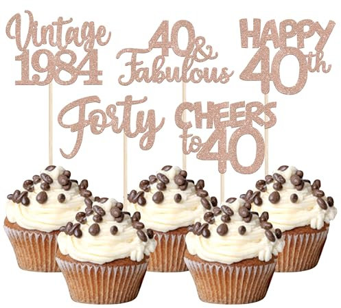 30 Stück Vintage 1985 Cupcake Toppers Glitzer Happy 40th Geburtstag Tortendeko Cheers to 40 Fabulous Forty Kuchen Deko für 40th Geburtstag Hochzeit Jahrestag Party Rosegold