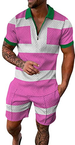 liaddkv Ensemble chemise et short à manches courtes pour homme - Tenue d'été 2 pièces - Fermeture éclair - Ensemble complet de survêtement pour homme, Rose, XL